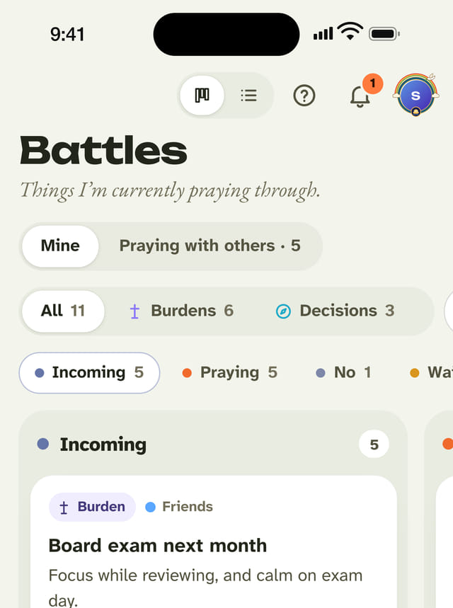 The Battles screen: a list of burdens and decisions being prayed for, sorted into Incoming, Praying and answers