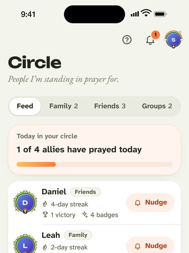 The Circle feed: “1 of 4 allies have prayed today”, with Nudge buttons for family and friends