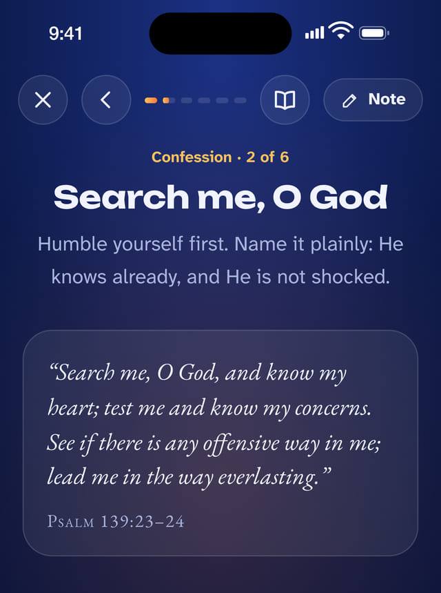 The confession step: “Search me, O God”, with Psalm 139:23–24 and a box to write in