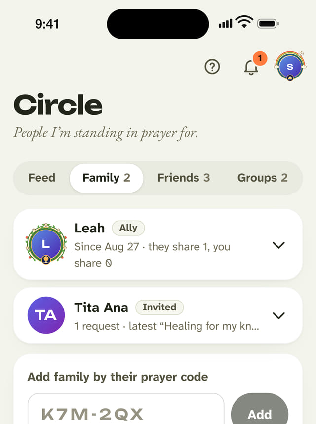 The Family tab: prayer allies, and a box to add family by their prayer code