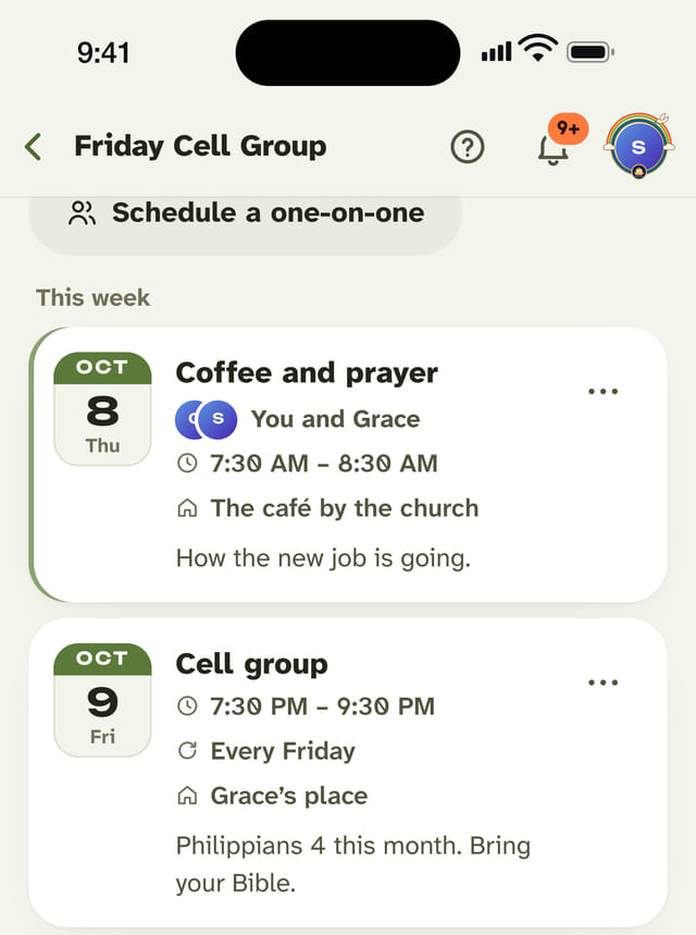 The group calendar: this week’s coffee and prayer, the weekly cell group meeting and an accountability partners meeting