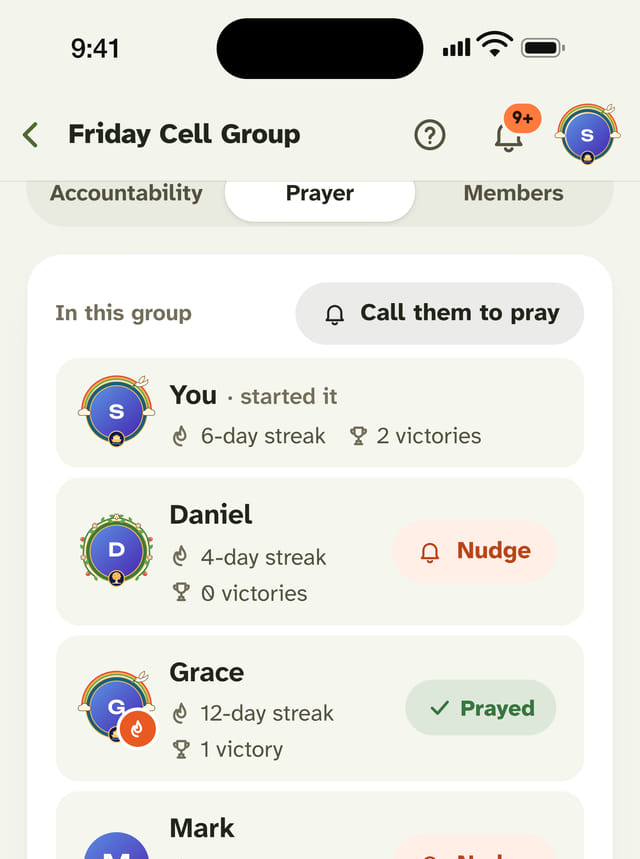 A group’s Prayer tab: who has prayed today, a Nudge button, and Call them to pray