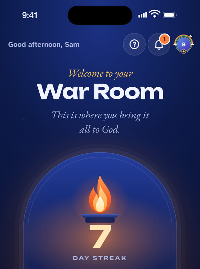 The Prayer War Room app’s Home screen: “Welcome to your War Room”, an arched door with a fire, a 7-day streak and the Enter War Room button
