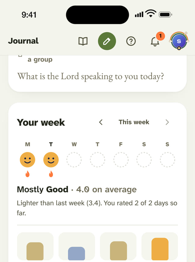 The journal’s week view: a face for each day, a flame on the days you prayed, and the average of your week
