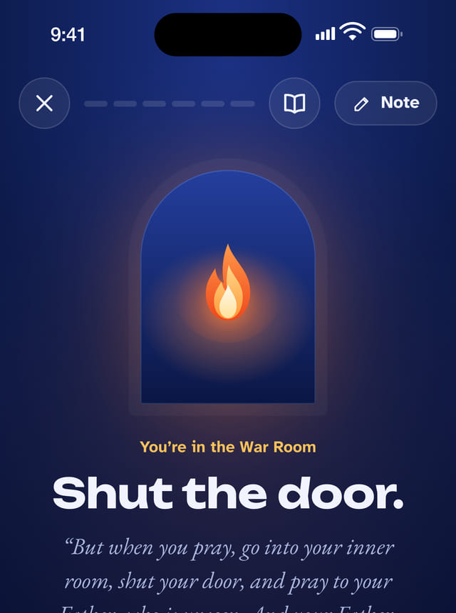 The app’s prayer time opening screen: “Shut the door.” with Matthew 6:6 and the button I’m here, Lord