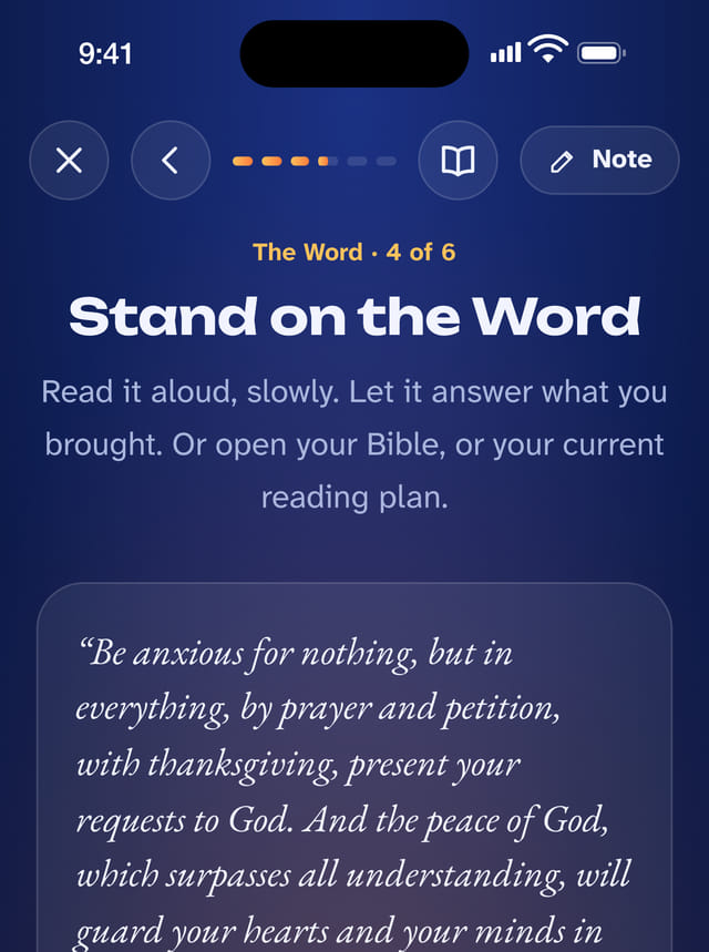 The Word step: a verse from Philippians 4 to read slowly, with Open the Bible