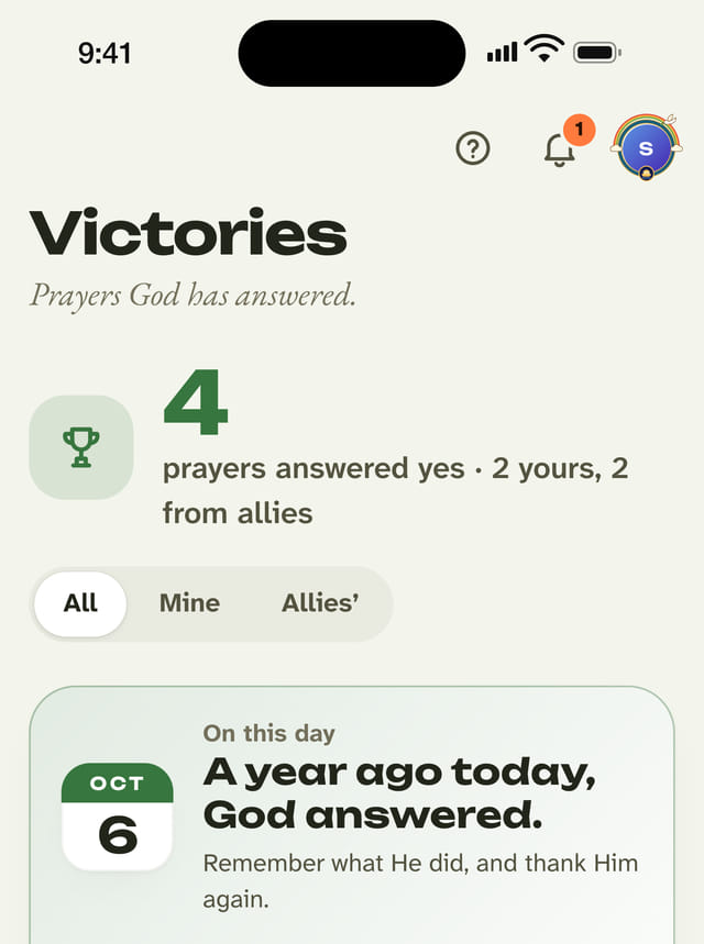 The Victories screen: answered prayers, with “A year ago today, God answered.”